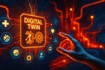 Fototapete - Hand Interacting With Digital Twin Interface, Representing Technological Advancement and Innovation in Manufacturing and Engineering Sectors : Generative AI
