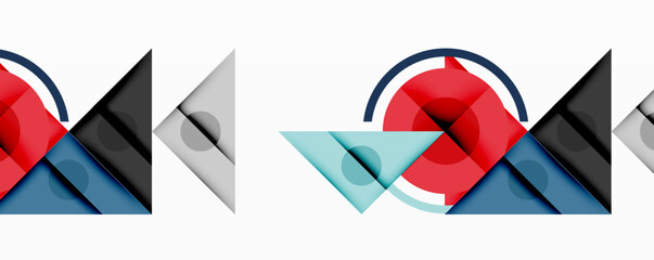 Poster - Abstract geometric shapes, red, blue, gray. Minimalist design with overlapping circles, triangles, rectangles. Clean lines, modern aesthetic.