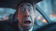 © Curioso.Photography - Animated man with a shocked expression behind the wheel in a car during a traffic jam.