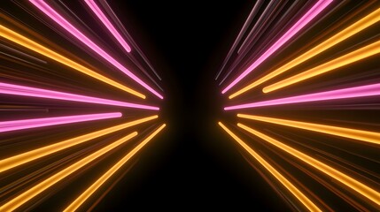 Wall Mural - The image contains a symmetrical arrangement of radiating neon lines, in shades of pink and orange, against a black background.