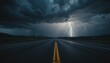© YUTTADANAI - Dramatic Lightning Storm Over Empty Highway with Dark Clouds and Striking Bolts in a Rural Landscape