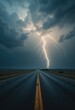© YUTTADANAI - Dramatic Lightning Strike Over Empty Highway Under Stormy Skies Captured in Stunning Detail