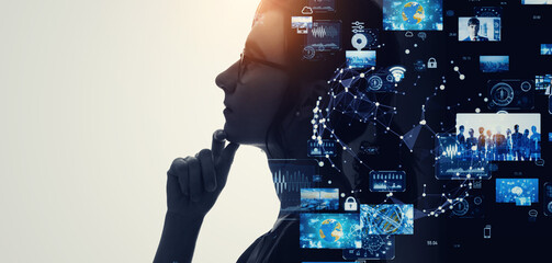 Poster - Collage of a Thinking Woman and a Video Network. Wide angle visual for banners or advertisements.