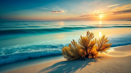Wall Mural - Golden Seagrass Swaying in the Tranquil Ocean Waves at Sunset