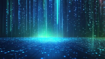 Abstract digital background with glowing lines and particles in blue and green tones
