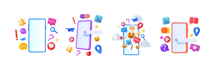 Mobile phone with social media 3d icons set. Digital communication on smartphone concept for app design, internet connection.