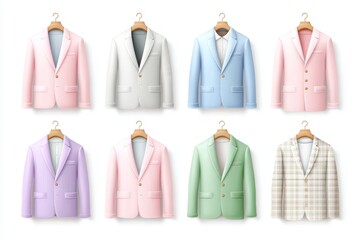 Poster - a 2d flat vector set of blazers in different styles and colors on hangers on white background