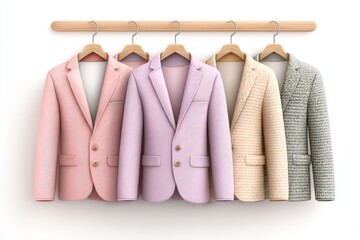 Poster - a 2d flat vector set of blazers in different styles and colors on hangers on white background