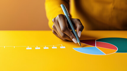 Aufkleber - Person analyzing colorful pie chart on yellow table, using pen to point at data. scene conveys focus and precision in business setting
