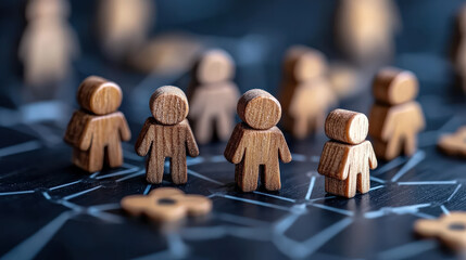 Poster - Wooden figures representing people are arranged on network like surface, symbolizing human resources and talent management. scene conveys sense of connection and collaboration