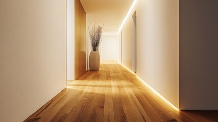 Aufkleber - An inviting minimalist hallway with wooden flooring, soft lighting, and a few decorative elements that enhance the simplicity and elegance of the space