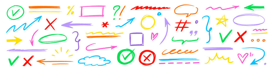 Aufkleber - Line pencil arrow color brush kid style set. Crayon chalk scribble, underline and check mark cute highlight texture. Hand drawn pastel marker sign, heart doodle design elements. Vector illustration.