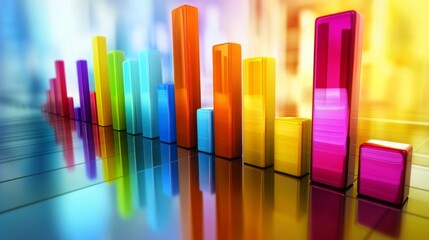 Fototapete - A D bar graph with tall, glossy pillars in various colors rising from a reflective surface, symbolizing financial growth and performance analysis