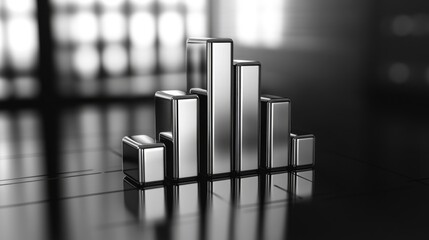 Aufkleber - A D stacked bar chart with metallic bars in ascending order, placed on a reflective surface, highlighting financial progress in a clean, minimalist design