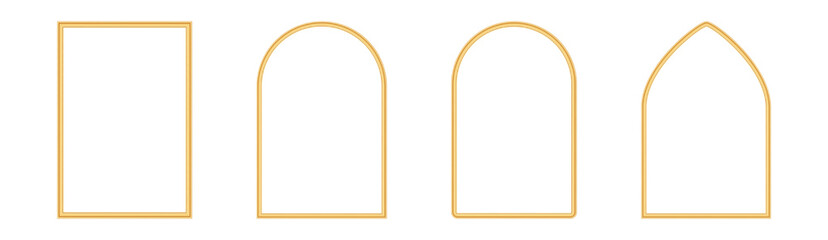collection of golden shiny arches. luxury realistic rectangle frame, window shape, gate, door, geome