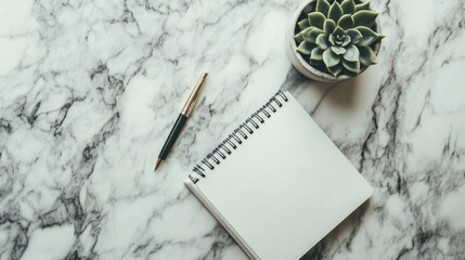 Aufkleber - A chic minimalist desk with an open notebook, a single pen, and a small succulent plant, all arranged on a white marble surface for a sophisticated look