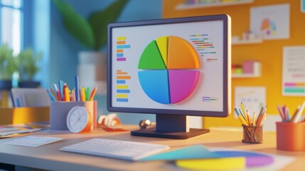Poster - A close-up of a D pie chart on a computer screen, showcasing different colored segments with clear labels, surrounded by office supplies and data reports.