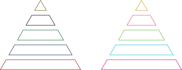 Levels of triangular pyramid icon set. Triangle pyramid chart collection. Maslow layer diagram. Development level infographic. Business graph. Vector illustration isolated on transparent background.