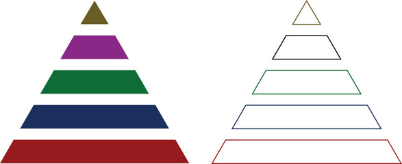 Levels of triangular pyramid icon set. Triangle pyramid chart collection. Maslow layer diagram. Development level infographic. Business graph. Vector illustration isolated on transparent background.
