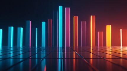 Aufkleber - A dynamic bar graph with tall, shiny bars in blue and orange, standing on a reflective grid, symbolizing financial success and economic performance