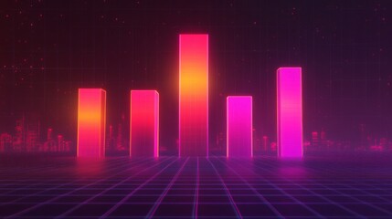 Fototapete - A futuristic D bar chart with tall, glowing columns and an upward trending arrow, hovering over a dark digital background filled with grid patterns