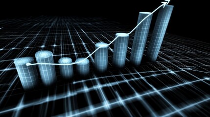 Fototapete - A futuristic D bar chart with tall, glowing columns and an upward trending arrow, hovering over a dark digital background filled with grid patterns