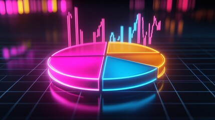 Poster - A futuristic D pie chart with floating segments, each glowing with neon lights, set against a dark grid background, representing financial data visualization