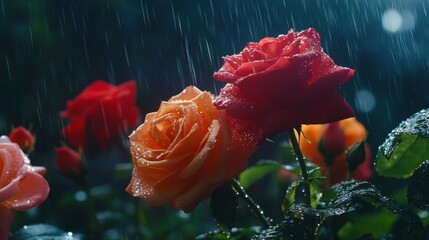 Poster - A high-angle shot of red and orange roses in a garden after the rain, the water droplets on the petals reflecting the natural light.
