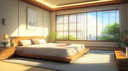 Aufkleber - A high-resolution image of a minimalist bedroom featuring a sleek bed frame, simple bedding, and a contemporary design with neutral tones and minimal decor.