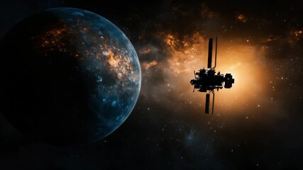 Poster - A satellite orbits a glowing planet in deep space with a bright star illuminating the scene.