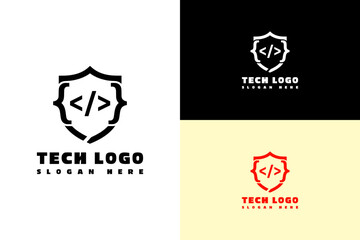 shield design with code brackets illustration, minimalist, vector, logo for coding, cybersecurity, data center, protection, programming, it firm, software development, tech, and more