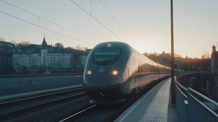 Poster - A sleek high-speed train on a modern bridge at sunset, with warm hues in the sky reflecting on the train's surface, creating a striking visual contrast