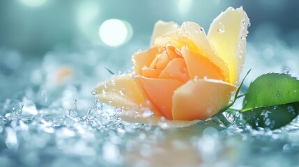 Poster - A soft-focus image of a yellow rose in the rain, with water droplets collecting on the petals and leaves, creating a fresh and serene feeling.