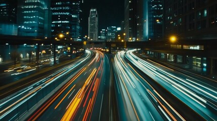 Poster - Blurred motion effect of a highway with streaks of car lights, conveying high-speed movement against a nighttime cityscape