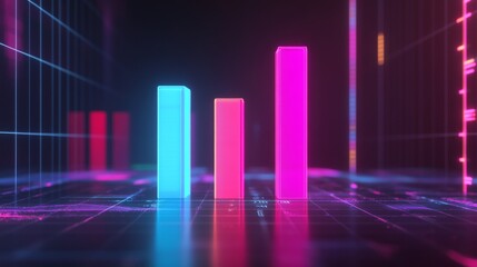 Fototapete - Dark-themed D bar chart with neon-colored bars and a digital grid base, capturing a futuristic data visualization aesthetic