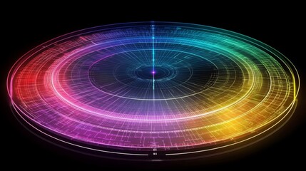 Fototapete - Futuristic radar-style circular graphic with bright neon lines and rotating elements on a dark tech-inspired background
