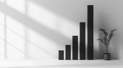 Poster - Minimalist D bar chart with tall, sleek bars in monochromatic tones, casting shadows on a clean, white background
