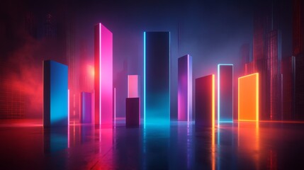 Aufkleber - Modern D bar chart with neon-colored bars and gradient lighting, set against a dark background for a futuristic look