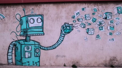 Fototapete - Robot Graffiti Art on Wall Releasing Data Cubes, Depicting Automation and Digital Transformation for Technology Companies : Generative AI