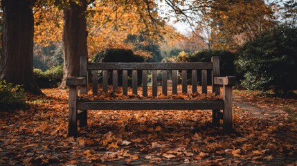 Poster - Empty Bench Covered in Autumn Leaves in a Park, Evoking Tranquility and a Sense of Seasonal Change for Travel and Tourism Campaigns : Generative AI
