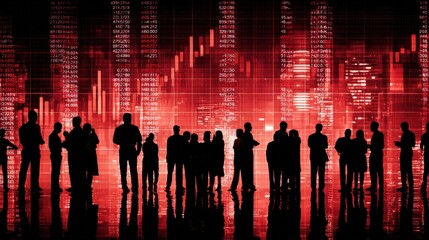 Fototapete - Silhouetted Business Professionals Before Red Stock Market Data, Illustrating Financial Analysis and Investment Strategy for Corporate Success : Generative AI
