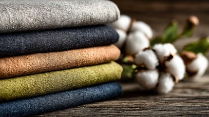 Poster - Stack of Colorful Linen Fabric With Cotton Branch Exhibiting Eco-Friendly Choice and Sustainable Textile Production, Ideal for Fashion and Interior Design Projects : Generative AI