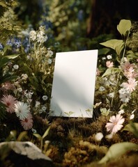 Aufkleber - Blank White Sign Surrounded by Flowers in a Lush Garden, Representing Growth and Environmental Awareness for Sustainable Business Practices : Generative AI