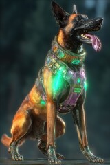 Fototapete - Cyberpunk German Shepherd Wearing Futuristic Armor, Illustrating Technological Advancement and Security Solutions, Ideal for Tech and Innovation Campaigns : Generative AI