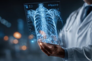 Poster - Doctor Holding Holographic X-Ray of Ribcage, Representing Medical Innovation and Healthcare Technology in Diagnostic Screening and Research : Generative AI