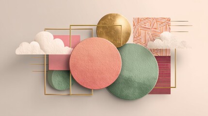 Poster - Abstract Geometric Composition With Clouds and Gold Frames, Ideal for Modern Art and Creative Presentation Backgrounds, Showcasing Innovation and Design : Generative AI