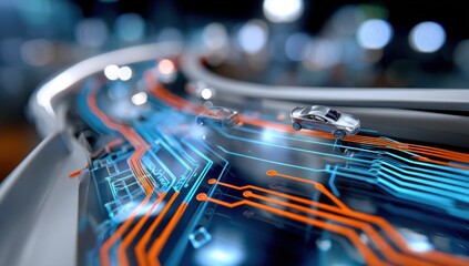 Leinwandbilder - Two Cars Driving on a Circuit Board Highway, Illustrating Autonomous Driving Technology and Automotive Innovation in the Future : Generative AI