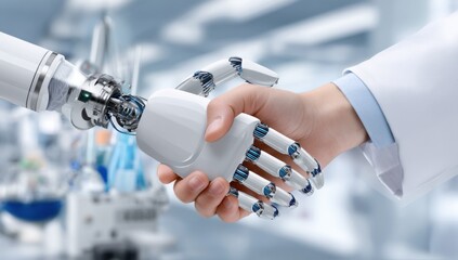 Fototapete - Handshake Between Human and Robot in Lab, Symbolizing Technological Advancement and Future Collaboration in Healthcare Innovation : Generative AI