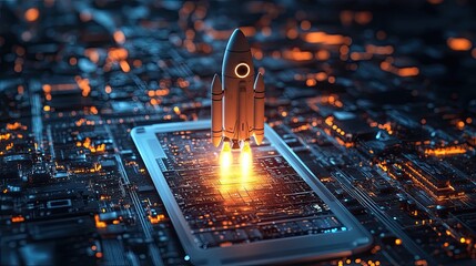 rocket launching from a tablet symbolizing startup success and innovative app development in a vibra
