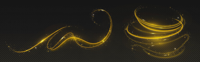 Wall Mural - golden magic light trails on black background. shiny gold dynamic waves with sparkling stardust effe